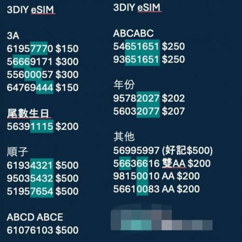 3DIY eSIM 生日/順子/AAA電話號碼