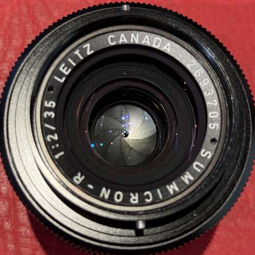 Leica Summicron-R 35mm f2 v1 lens with hood and adapter to Canon EOS