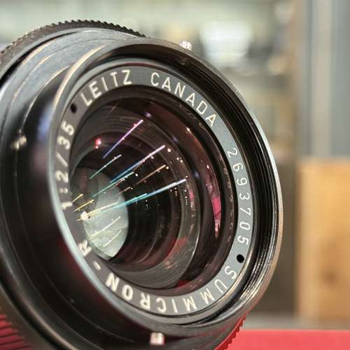 Leica Summicron-R 35mm f2 v1 lens with hood and adapter to Canon EOS