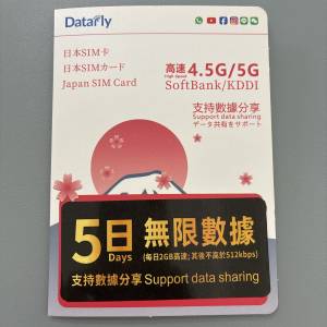 日本5G數據卡，5日無限數據上網；SoftBank/KDDI雙台支援信號無死角，支持數數熱點分...