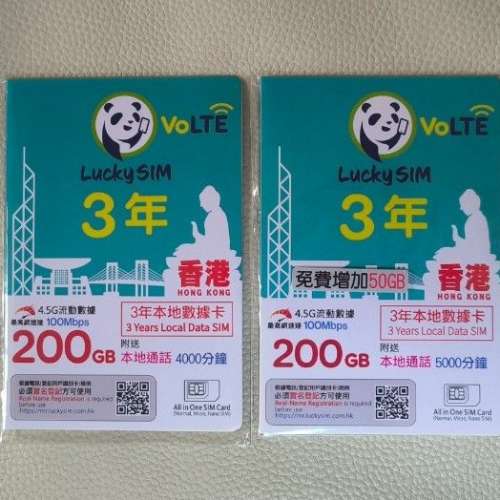 全新 Lucky SIM 香港 3年 200GB 250GB 4.5G 數據卡