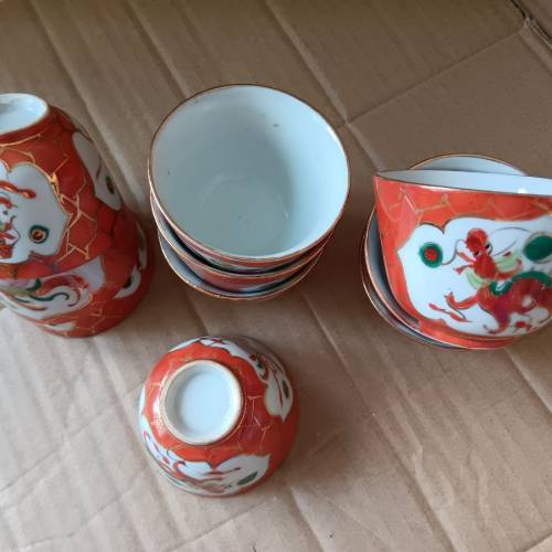 清末珊瑚紅提壼，茶杯