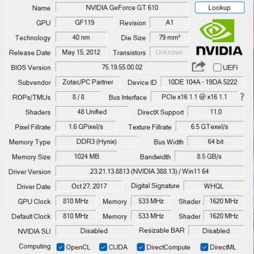 GeForce&reg; GT 610 1GB DDR3 64Bit 長短片