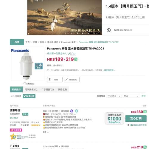 Panasonic TK-PA20 濾水壺，2.0L 容量