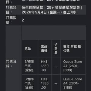 $2400 出英皇演唱會4/5 $1380企位兩張