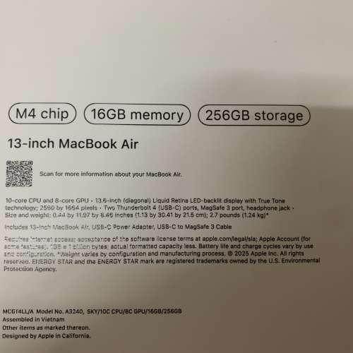 99%New US MacBook Air 13.6-inch (2025 M4) 256GB (16GB RAM) Sky Blue 保到28-1-...