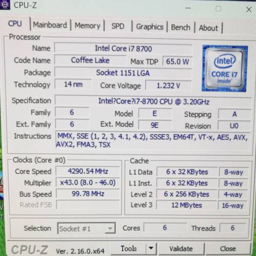 Intel i7-8700 CPU on ASUS B360M-K motherboard