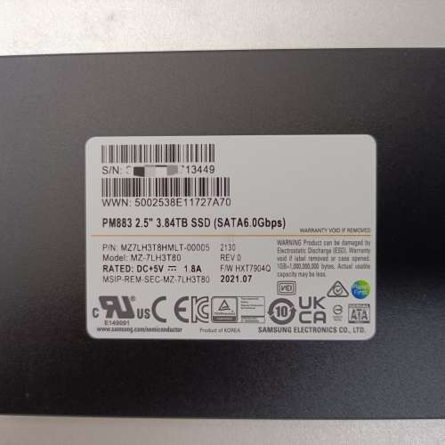 🔥 罕見極品！三星PM883 3.84TB 企業級固態硬碟，通電僅22小時，0寫入量，基本全新！