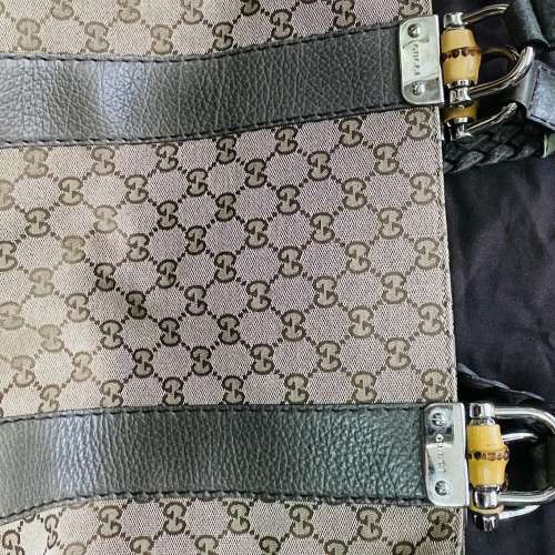 Gucci 竹節裝飾 帆布皮革托特包 編織手把 綠色正品 二手精品