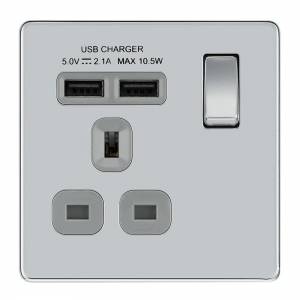 英國 BG Brushed Steel 13A 插座 USB 充電面板 - BLACK, Brushed Steel 單位 , 雙位...