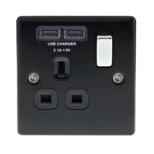 英國 BG Brushed Steel 13A 插座 USB 充電面板 - BLACK, Brushed Steel 單位 , 雙位...