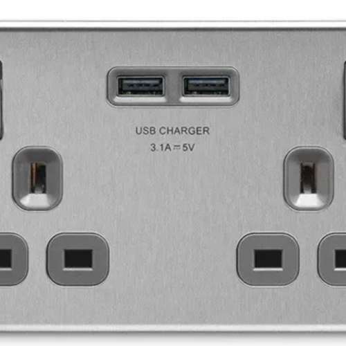 英國 BG Brushed Steel 13A 插座 USB 充電面板 - BLACK, Brushed Steel 單位 , 雙位...
