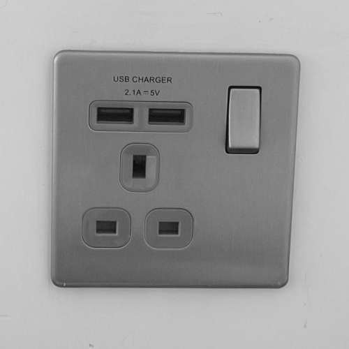 英國 BG Brushed Steel 13A 插座 USB 充電面板 - BLACK, Brushed Steel 單位 , 雙位...