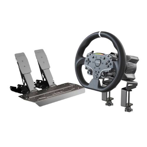 放MOZA Racing R3 賽車方向盤，包含方向盤、腳踏連離合
