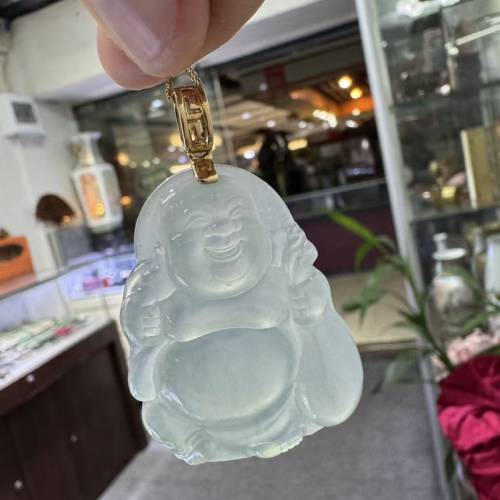 18K冰種起膠起營布袋佛翡翠吊墜