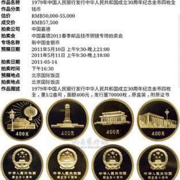 中國成立30週年(1949-1979)紀念金幣(共出售兩枚,共重1安士)
