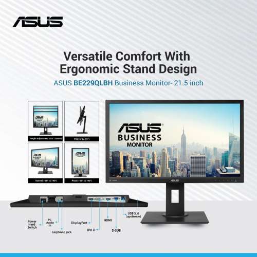 [旋轉升降] ASUS 21.5" [1080P] IPS 商用顯示器 (BE229QLB) Mon Monitor Screen