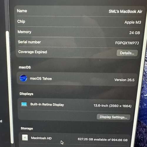Macbook air 13 inch m3 10 gpu cores 24gb ram 1tb