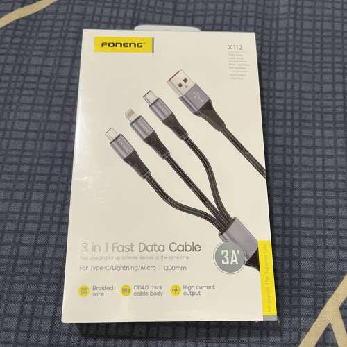 100% 全新 FONENG X112 3 合 1 快速充電線 (包括 Lightning、micro USB 及 USB typ...