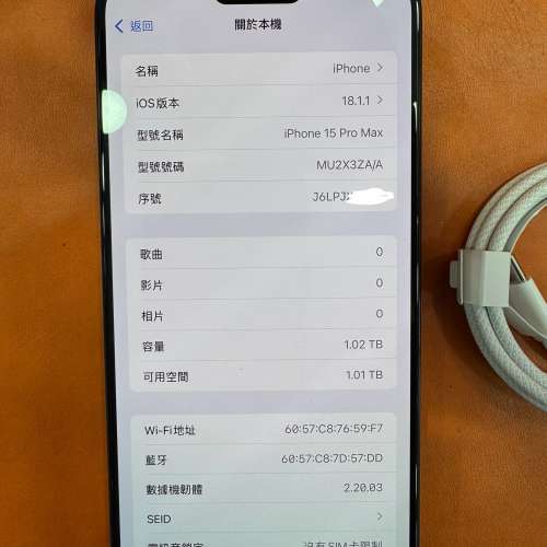99%New iPhone 15 Pro Max 1TB 黑色 香港行貨  電池效能99% 有配件 自用首選超值