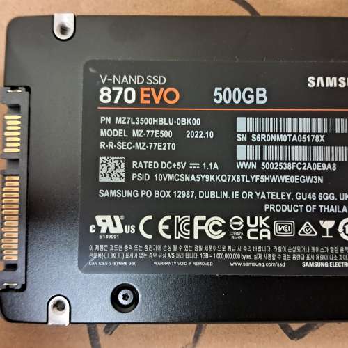 Samsung 870EVO SATA SSD 500GB 通電時間僅480小時 制造日期:2022年10月