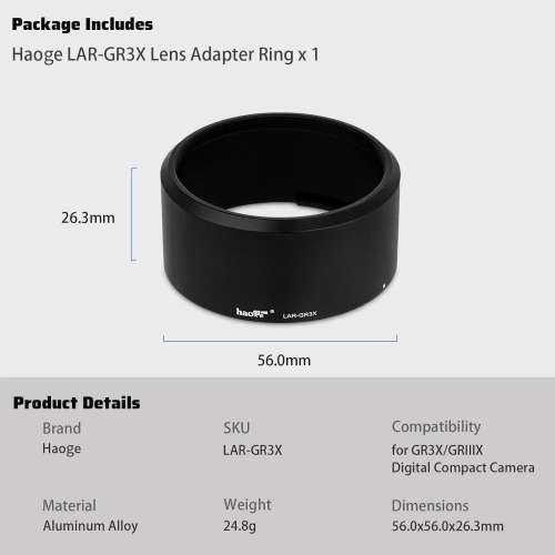 Haoge LAR-GR3X Lens Filter Adapter for RICOH GR IIIX GRIIIX GR3X Black 濾鏡轉接...
