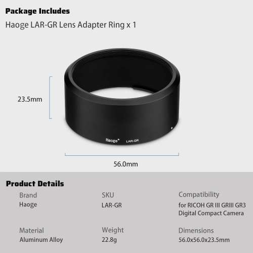 Haoge LAR-GR Lens Filter Adapter for RICOH GR III GRIII GR3 Black 濾鏡轉接器