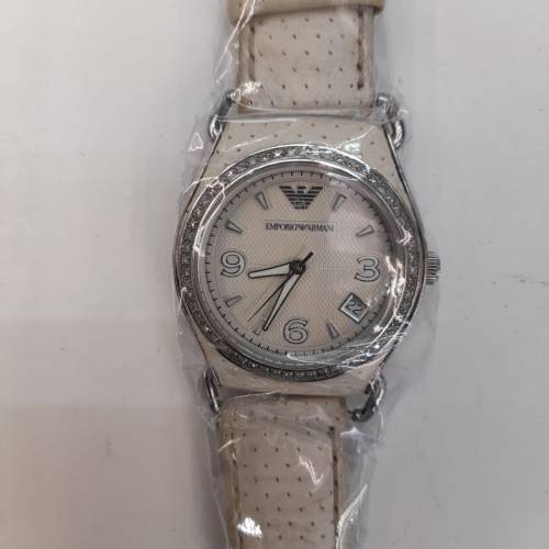 Emporio Armani Lady's Chic Quartz Watch w/ Hinged Leather & Diamond Bezel