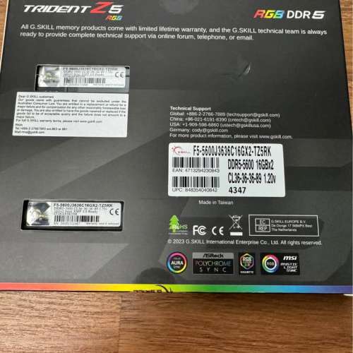 G.Skill Trident Z5 RGB DDR5 5600MHz, 32GB (2x16GB) 有單盒, 永保