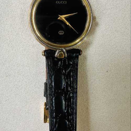 GUCCI 4500M 金色錶殼 皮錶帶 手錶
