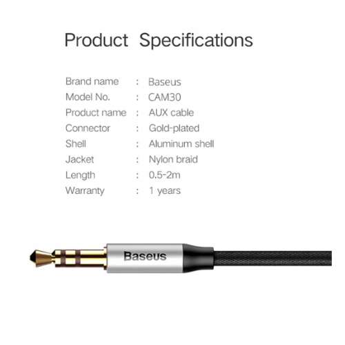 Baseus (PREMIUM) U3.5mm to 3.5mm mp3 Aux Audio Cable M30  Gold Plated