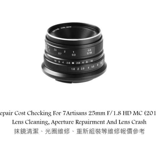 Repair Cost Checking For 7Artisans 25mm F/1.8 HD MC (2017) Lens Cleaning