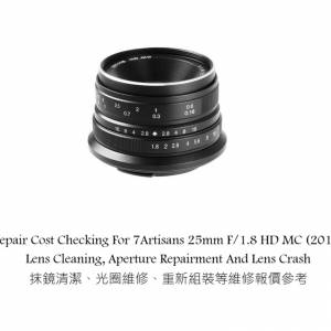 Repair Cost Checking For 7Artisans 25mm F/1.8 HD MC (2017) Lens Cleaning