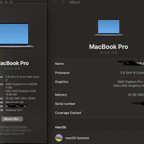 Macbook pro 2019 16" i7 2.6Ghz 獨立顯卡 Radeon Pro 5300M 銀灰色 90%new