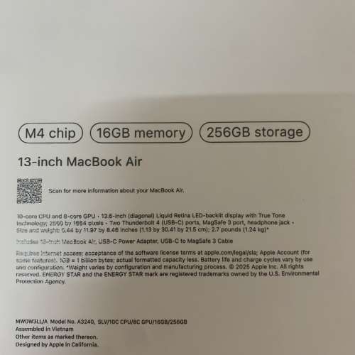 US MacBook Air 13.6-inch (2025 M4) 256GB (16GB RAM) MW0W3 Silver (屏有線)