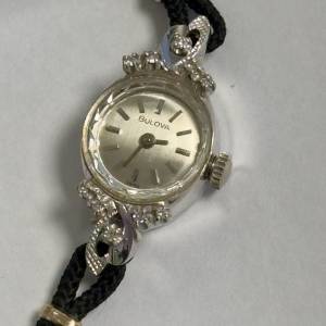 1978 Vintage Ladies 14K White Gold Bulova Watch set with Diamonds