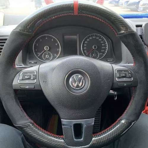 Black Carbon Fiber Auto DIY hand-stitched steering wheel cover on Wrap Fit