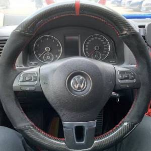 Black Carbon Fiber Auto DIY hand-stitched steering wheel cover on Wrap Fit