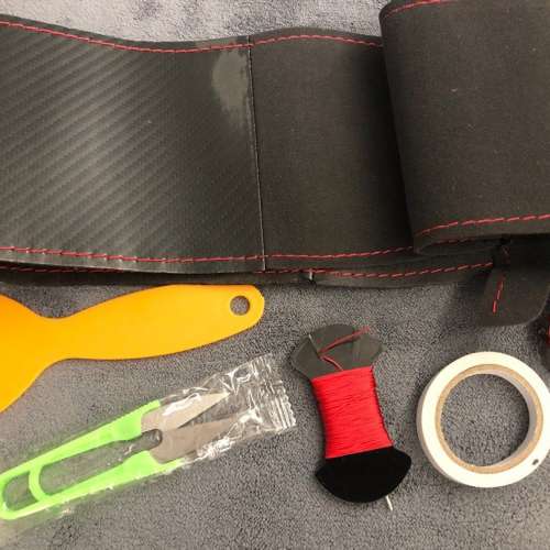 Black Carbon Fiber Auto DIY hand-stitched steering wheel cover on Wrap Fit