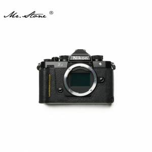Genuine Leather Camera Half Case Cover Bag For Nikon Zf - Black with Yellow Line