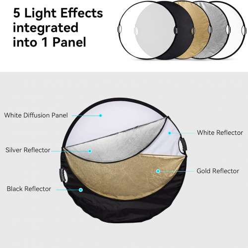5-in-1 Foldable Circular Light Reflector with Handles, Translucent, Silver