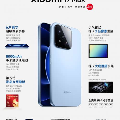 （少量現貨）小米 MI Xiaomi 小米 17 Max 第五代驍龍8至尊 徠卡2億主攝 8000mAh金沙...