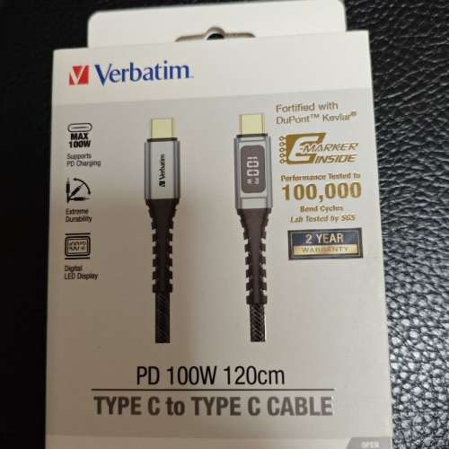 全新未開封 港行 Verbatim PD 100W 120cm Type C to Type C 充電線 現貨