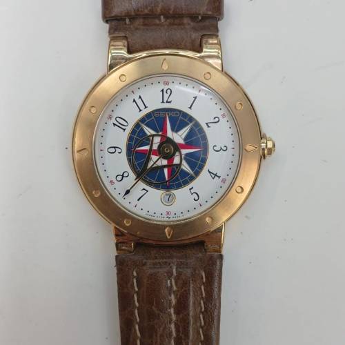 全新古董1985 Seiko 5Y39-6A50 Levante Quartz Watch W/ Leather Strap ( 35mm, 男...