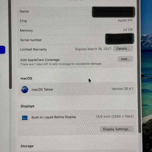 Apple Macbook Air 銀色升級版M5 13&rdquo; (2026) 24GB 1TB (極新)