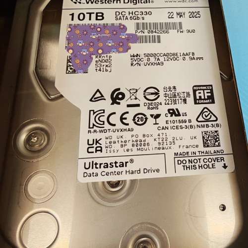 WD Ultrastar DC HC330 3.5-inch 7200rpm HDD 10TB  通電次數 150次 通電時間 482小時