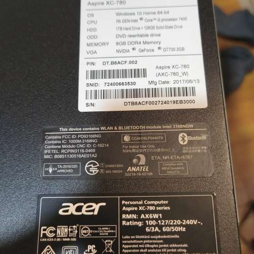 Aspire XC-780 小主機 i5-7400 3.0GHz 8GB Ram 128G M.2 +1TB 正版Windows11 Home