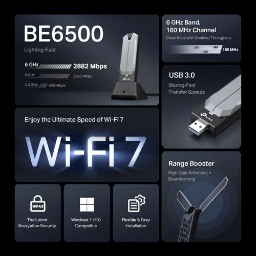 行貨TP-Link Archer TBE400UH - BE6500 Wi-Fi 7 高增益無線 USB Wi-Fi 接收器