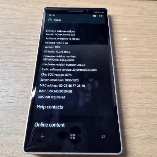 [內建未發佈W10M系統] Lumia 930 Green 32GB , 可用Wtsap , TG, YT, BSKY等日常應用...