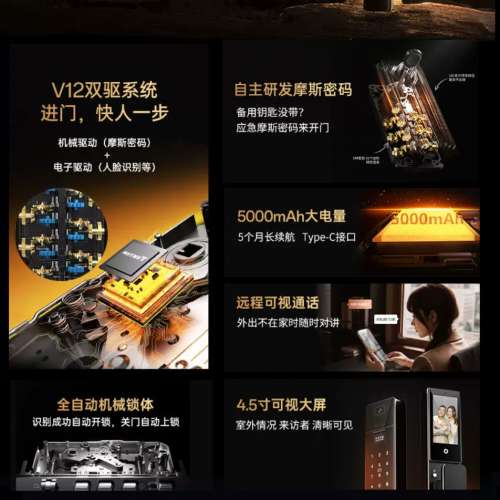 香港電子鎖安裝🚪TONYON新款T37MAX掌指靜脈摩斯密碼家用貓眼人臉識別入戶智能門鎖